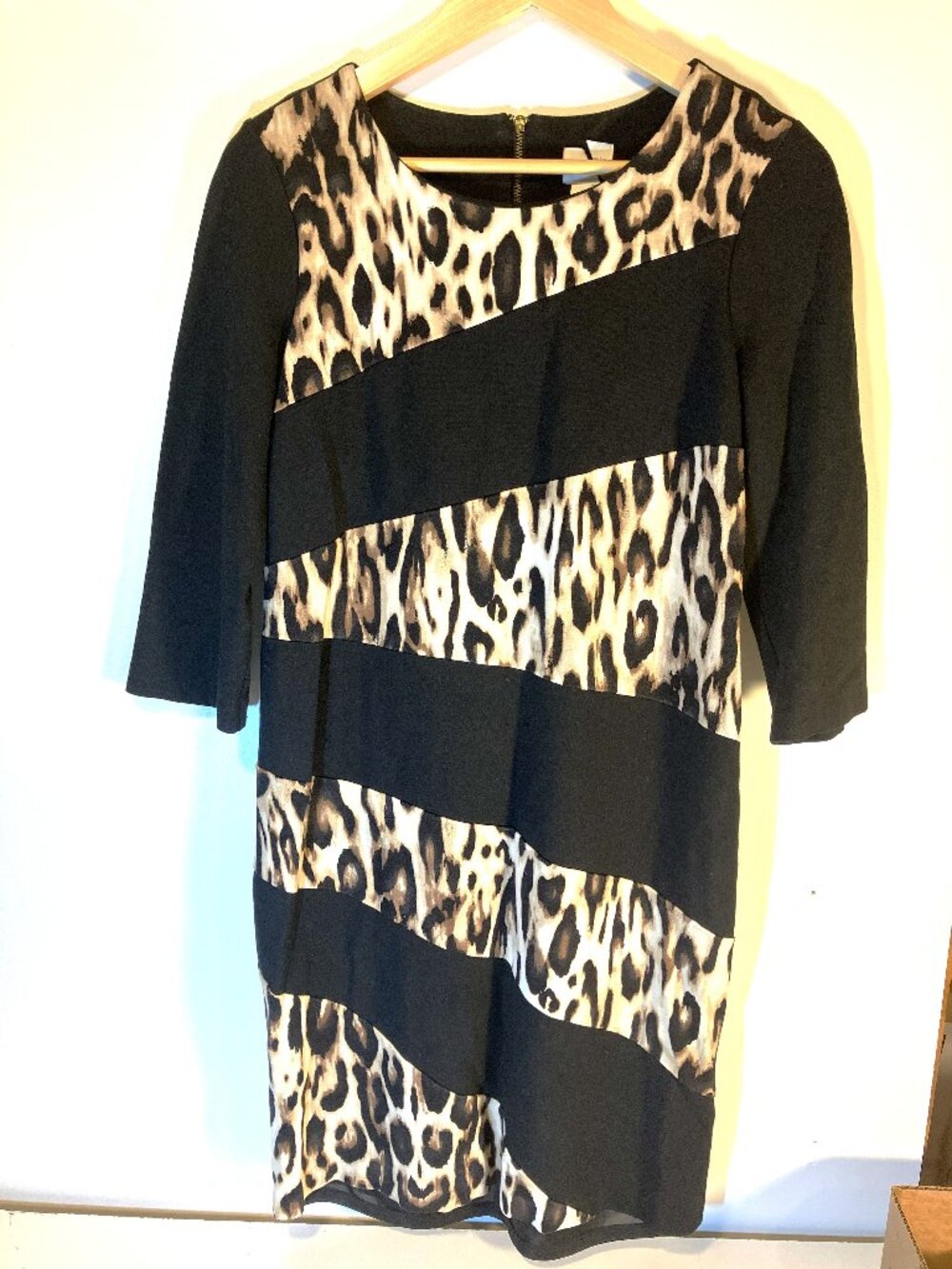 CHICOS Spliced Animal Print Dress.  Black/Leopard Print.  Size 8-10.
